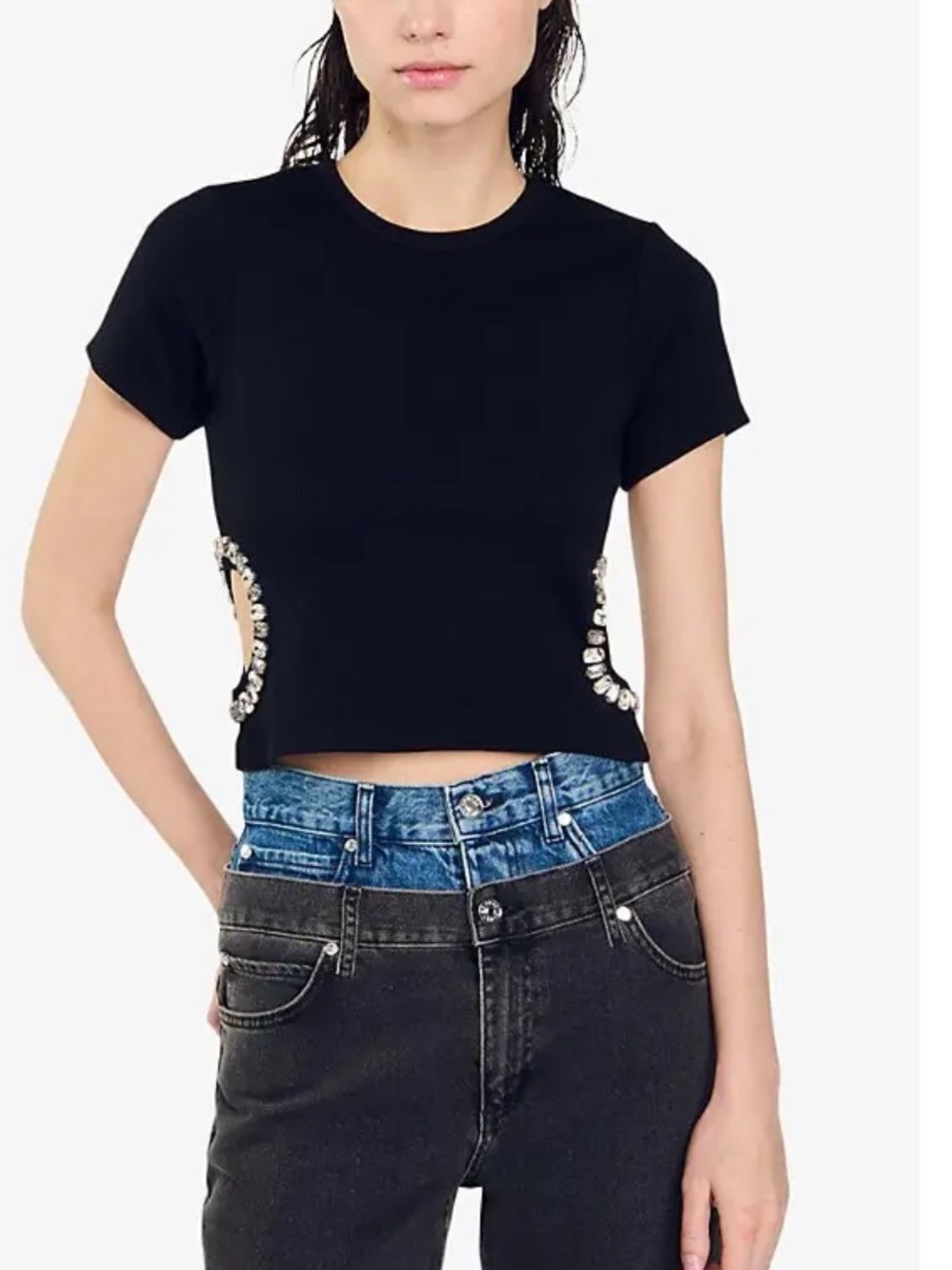 SANDRO Black Embellished Side-Cut Crop Tee - Women